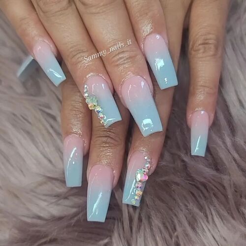 Lemonade pink and baby blue ombre nails with rhinestones