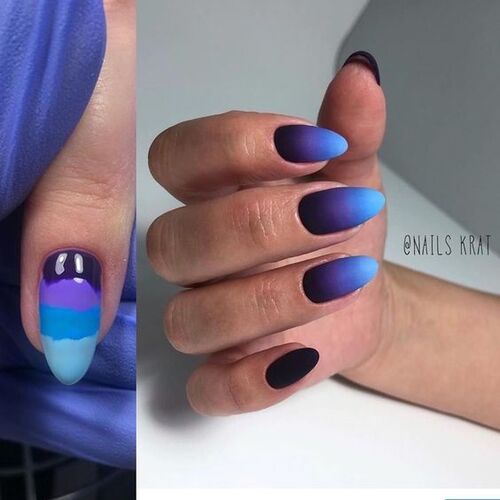 Navy blue, purple, royal blue, and sky blue ombre combo nails