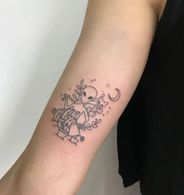 alien with cactus plants tattoo