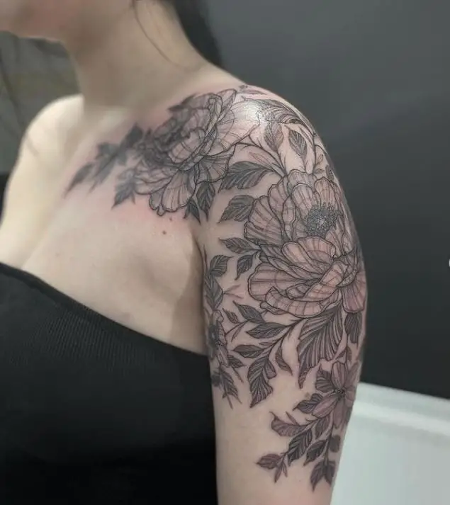 black and white peony flower tattoo