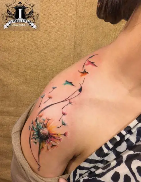 coloured birds and flower tattoo