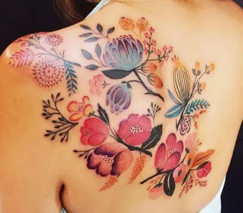 colourful ornamental shoulder tattoo
