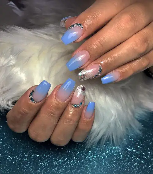 light pink and blue ombre nail art with little rhinestones 