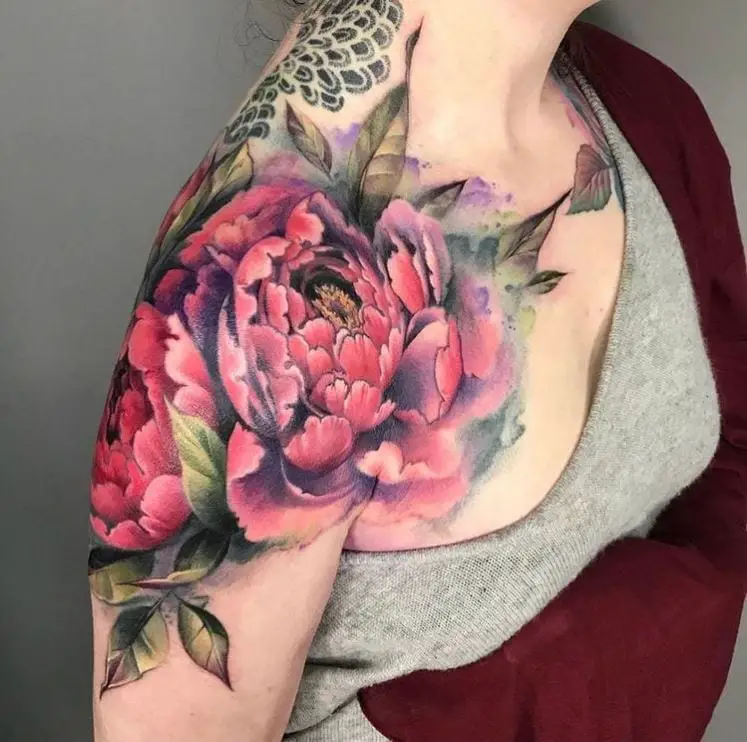 peony flower tattoo in colour