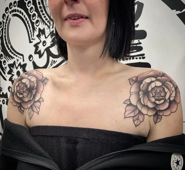 peony flower tattoos on both shoulders