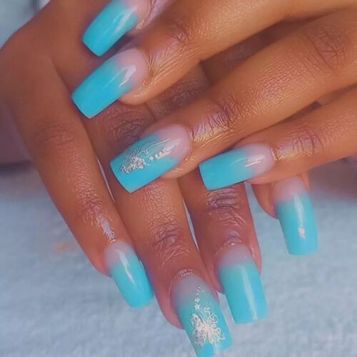 pink and light blue ombre nails with glitter
