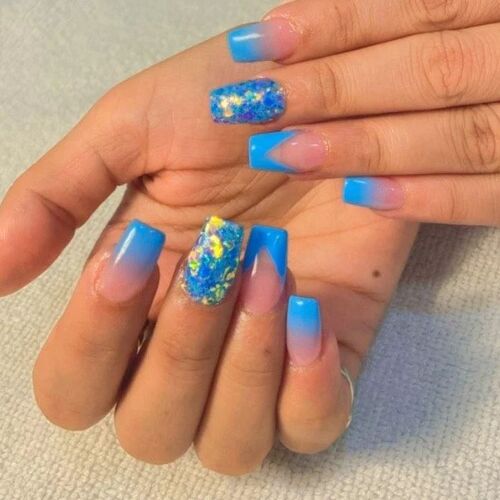 pink and royal blue french mani with blue glitter