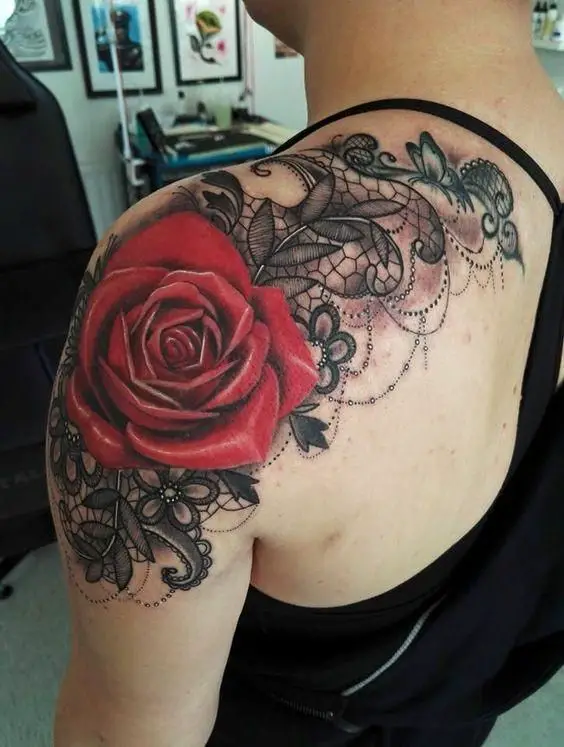 red rose shoulder tattoo