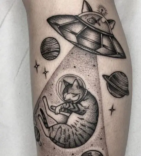 spaceship and cat tattoo