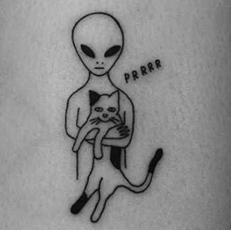 tattoo of an alien hugging a cat