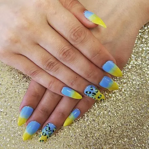 yellow and blue ombre nails