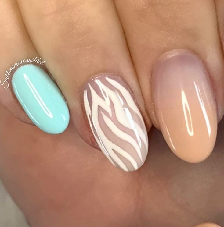 Almond Peach and Turquoise Nails