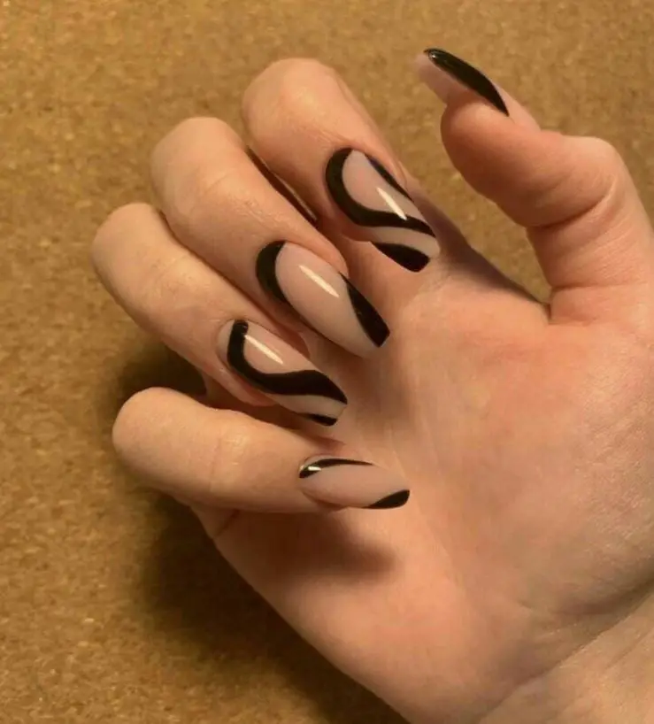 Beige Mani With Black Swirls