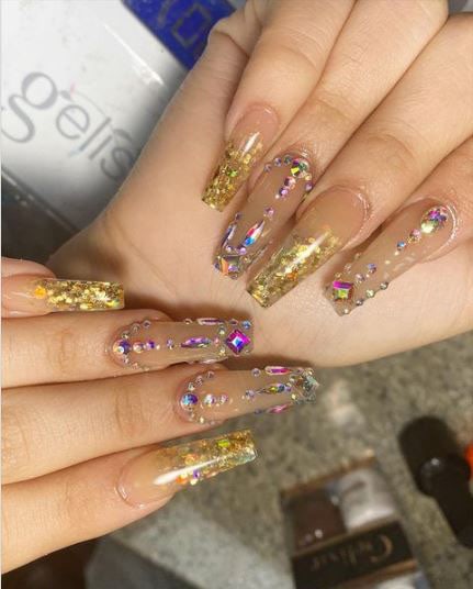 Beige With Iridescent Rhinestones Glass Nails