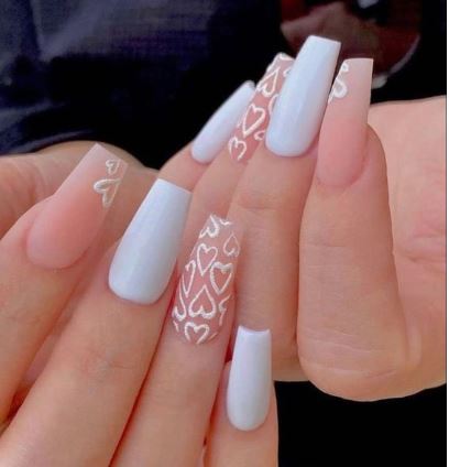 Beige and White Heart Nail Art