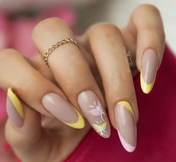 Beige and Yellow Reverse French Mani Spring Nails