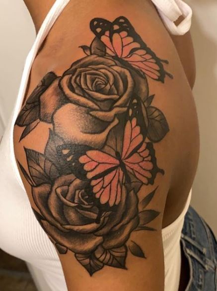 Black Butterfly and Rose Shoulder Tattoo