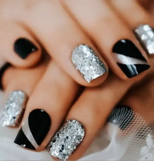 Black Nails With Silver Stones and Stripes Art