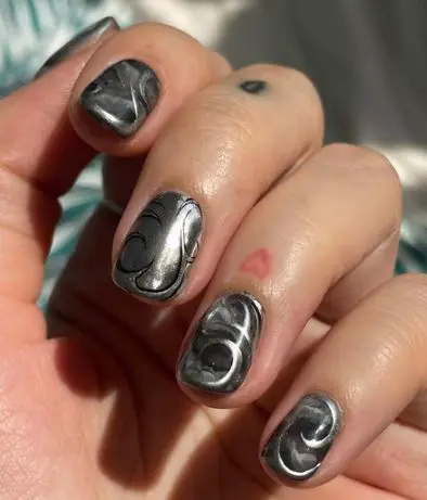 Black Nails with Metallic Silver Base