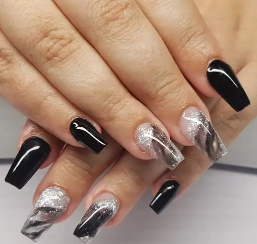 Black Shade with an Elegant Marble Silver Nails