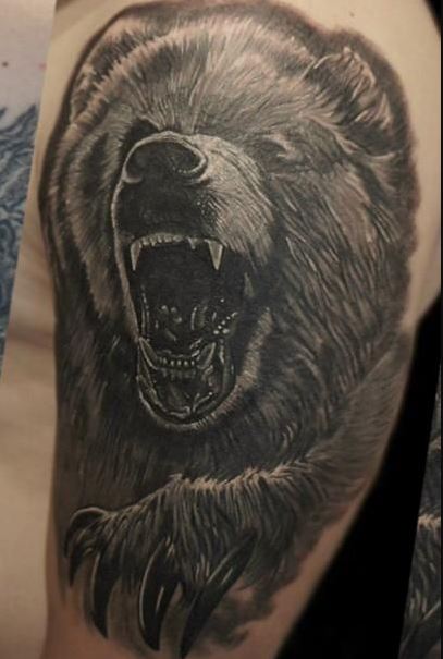 Black Stunning Roaring Bear Tattoo
