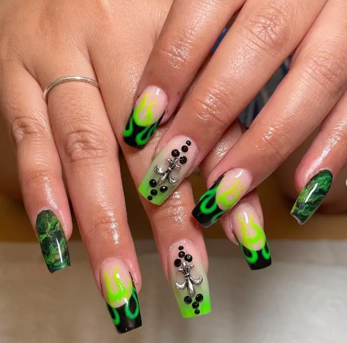 Black and Green Coffin Nails