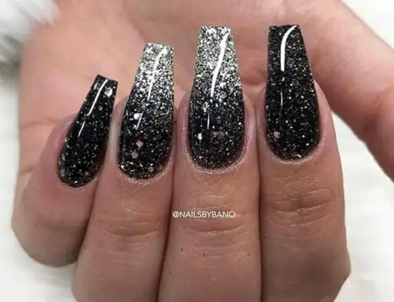 Black and Silver Glitter on Coffin Nails
