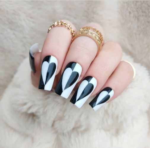Black and White Heart Nails