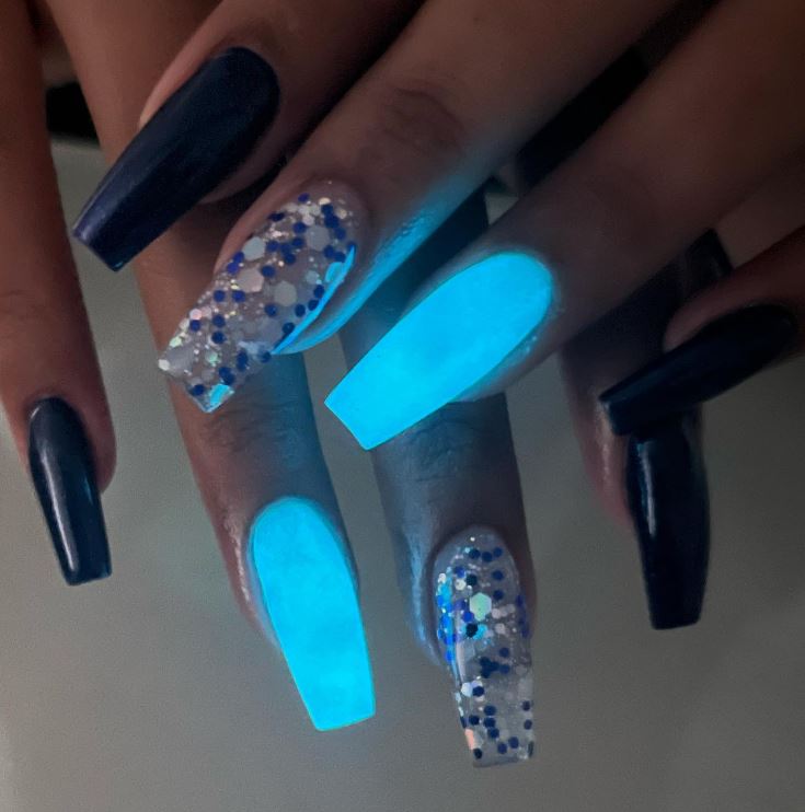 Blue Coffin Shaped Nails