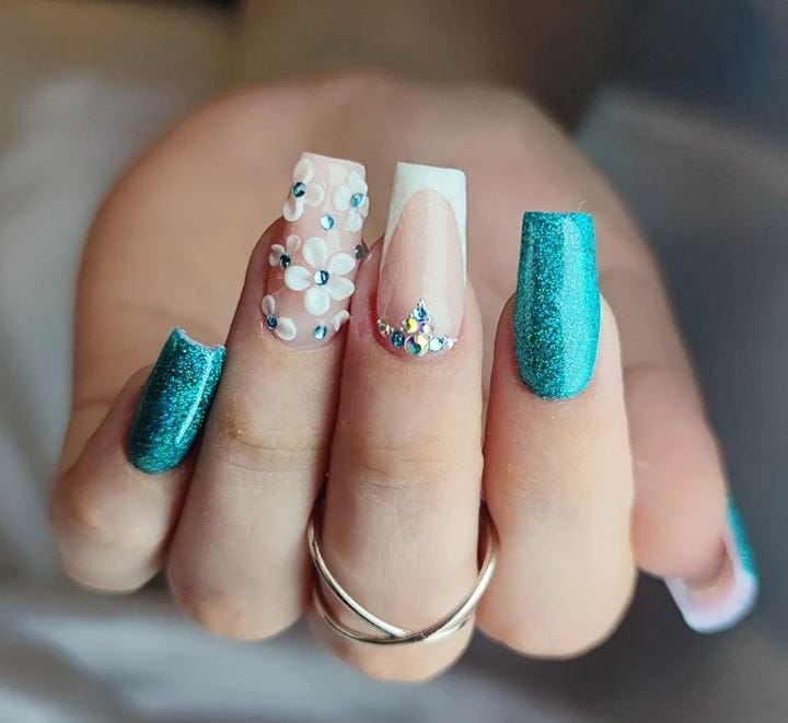 Blue Glitter Nails with Flowers and Stones