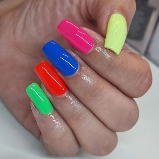Bright Nails of Neon Purple Green Lemon Blue and Red