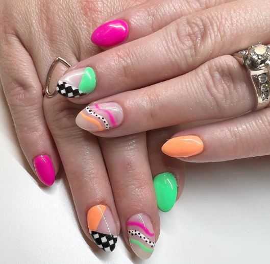 Bright Vibrant Almond Manicure with Checkered Swirls