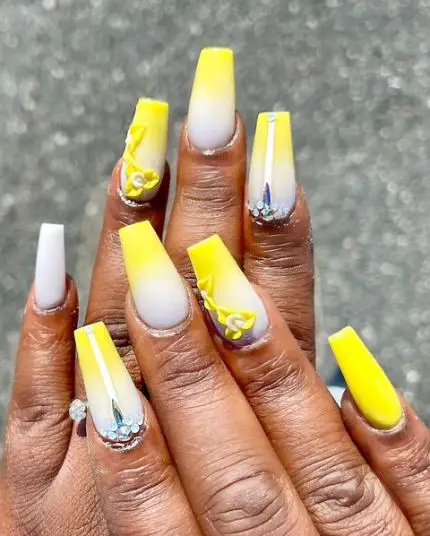 Bright Yellow and White Cosmo Nails