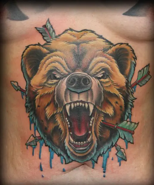 Brown Bear With Arrow Tattoo For Chest