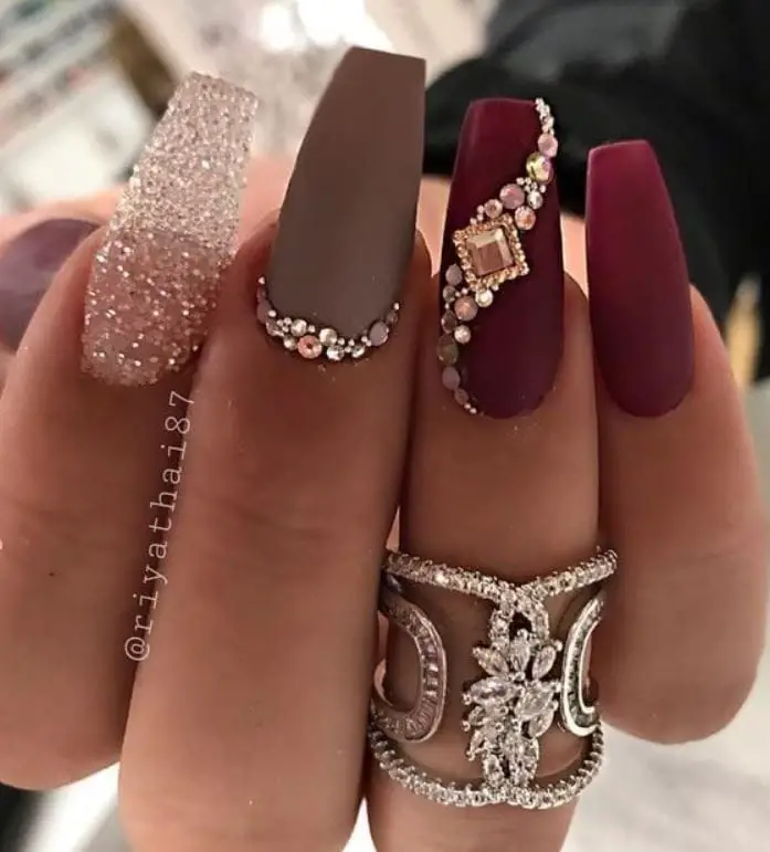 Burgundy Coffin Nails With Diamonds