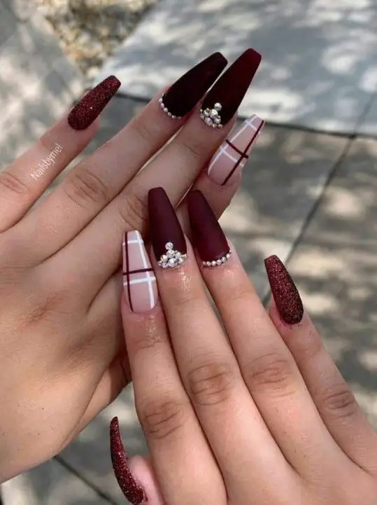 Burgundy Long Coffin Nails