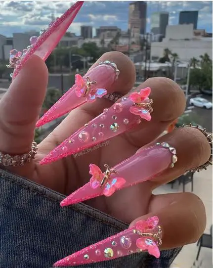 Pink Stiletto Nails with Butterfly Charms