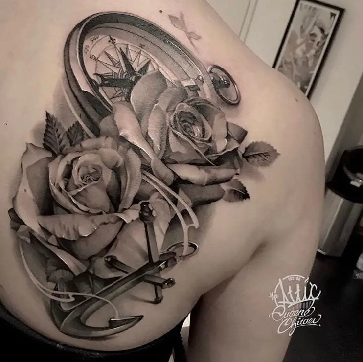 Clock and Rose Shoulder Tattoo