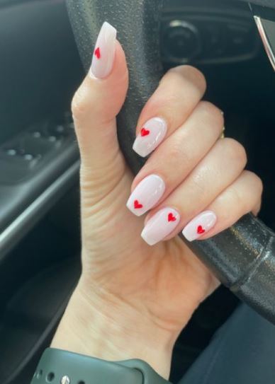 Coffin Shaped Light Pink with Red Hearts Nails