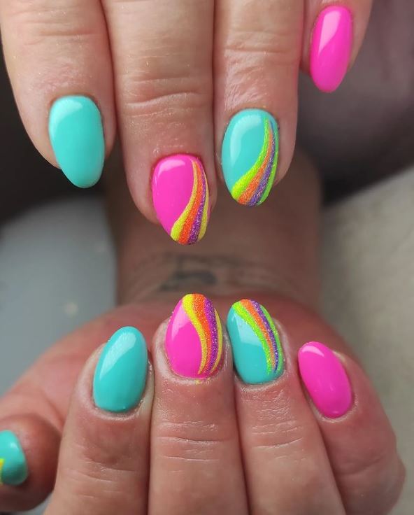Turquoise, Pink, and Colorful Nail Art