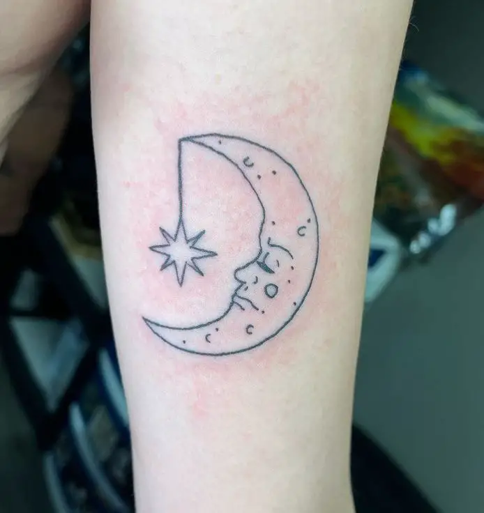 Crescent Moon with Face and Stars Tattoo