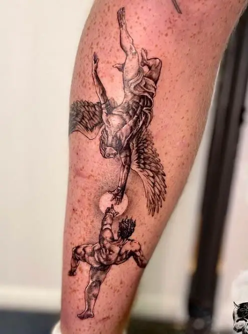Daedalus and Icarus tattoo on the leg
