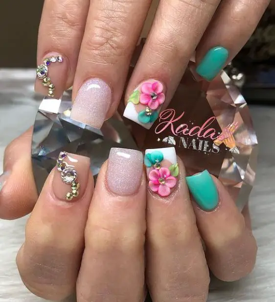 Turquoise, Pink Nails with Floral Decorations