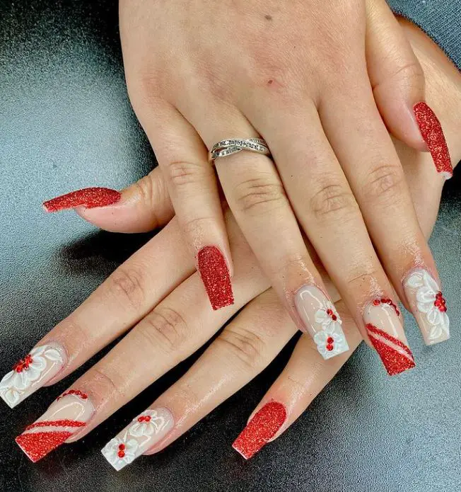 Fiery Red Nails with Glitter