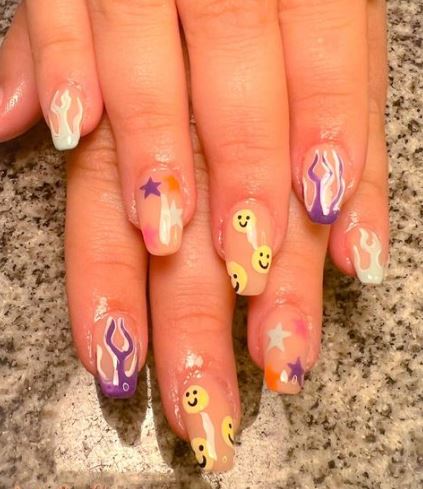 Flames and Smiley Faces Nails