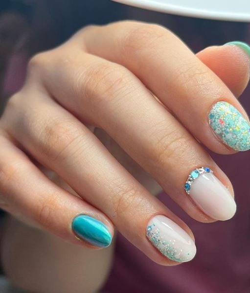 Gemstone Nail Art on Turquoise Nails
