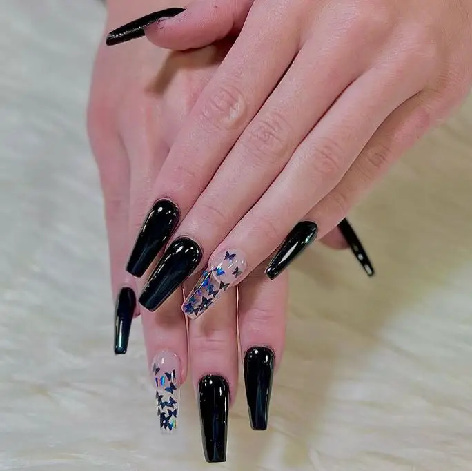 Glossy Black Coffin Nails Ideas
