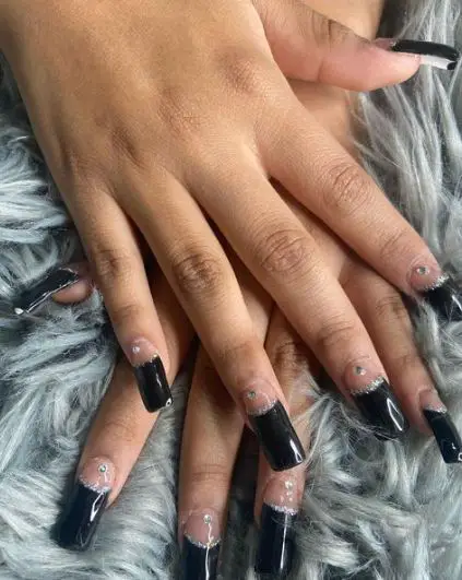 Glossy Black Nail Art with Silver Nail Design