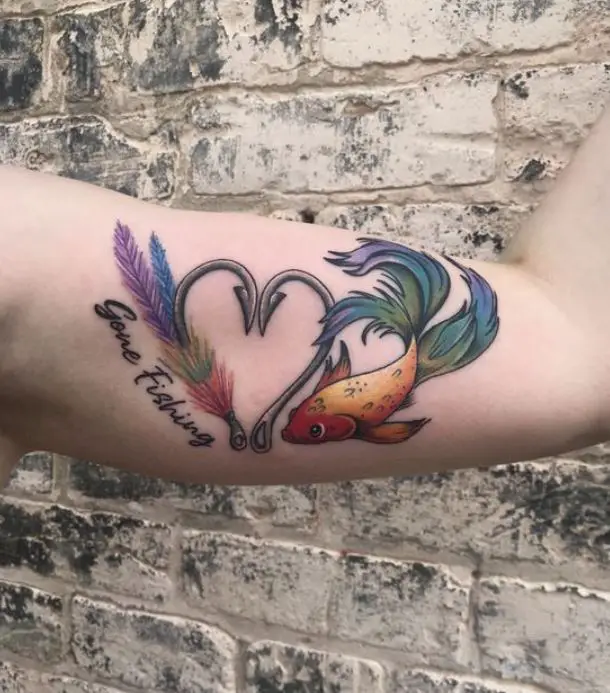 Gone Fishing Tattoo with hooks and rainbow fish