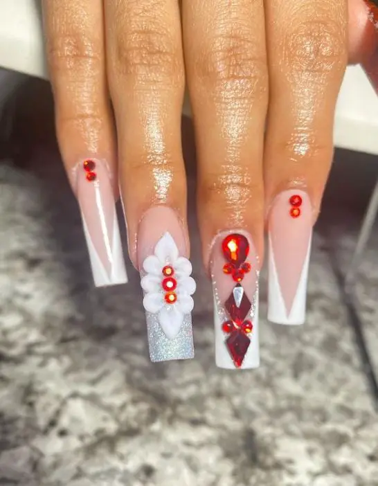 Graduation Nails with Red Crystals